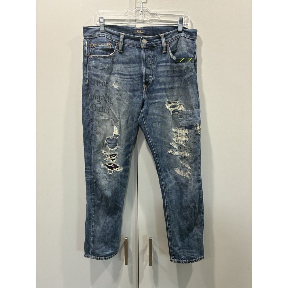 Polo Ralph Lauren Avery Boyfriend Jeans Distressed 28R Graffiti Patch Work Plaid